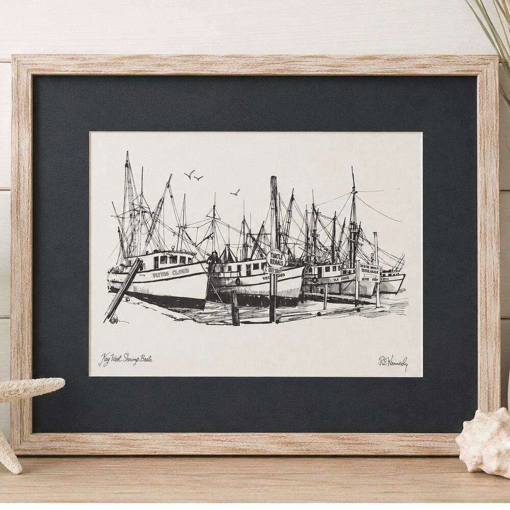 R.E. Kennedy Key West Shrimp Boats Nautical Coastal Beach Ink Art Print Matted